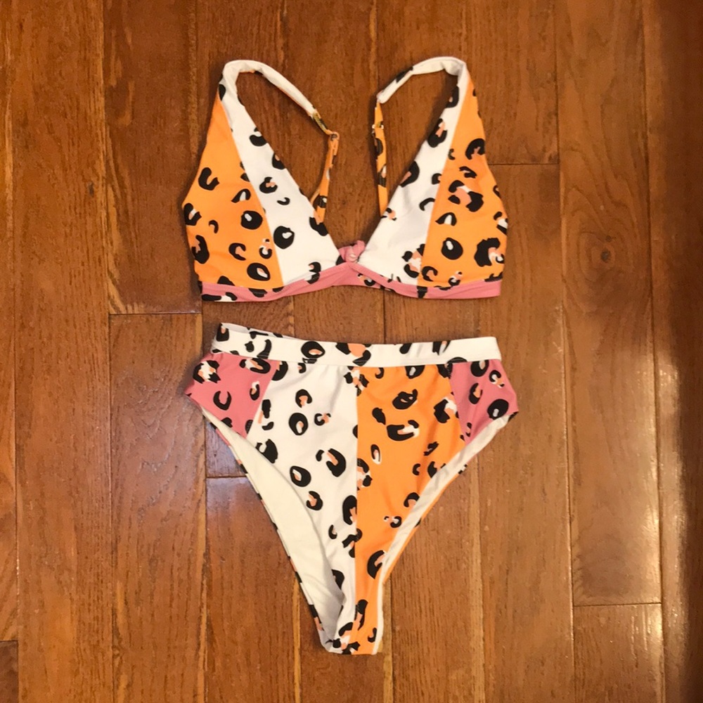 Leopard Print Bikini Set - Orange, Pink, White